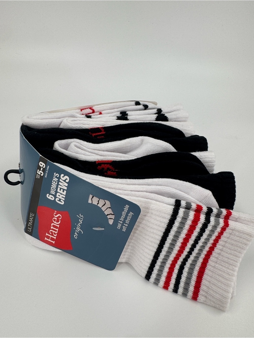 NWT Hanes Men’s Crew Socks 6-Pack - White & Black with Red Stripes
